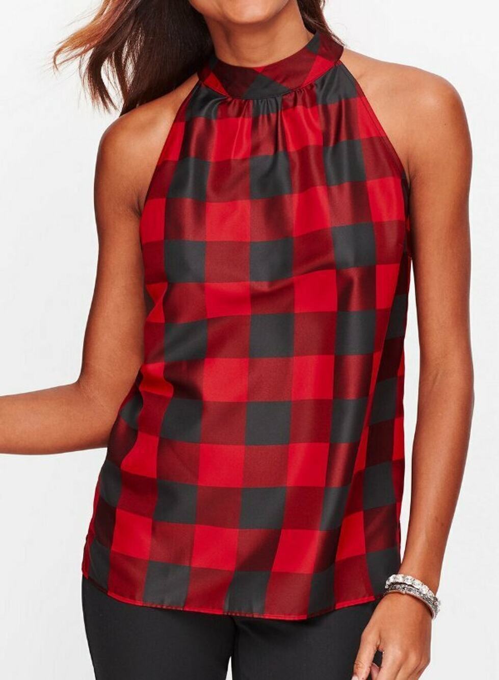 NEW TALBOTS RED BLACK BUFFALO CHECK TIE NECK SLEEVELESS HALTER TOP SIZE 14P